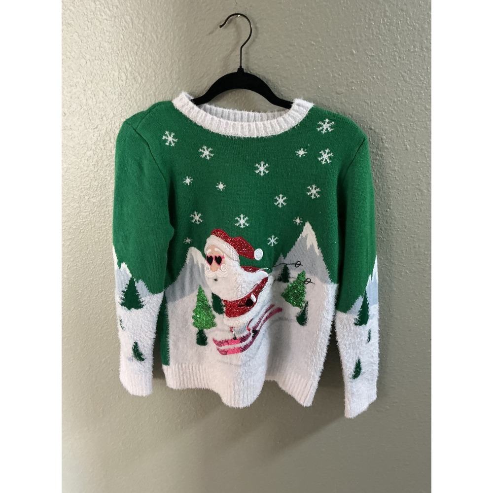 Holiday Time Skiing Santa Sequin Ugly Christmas Sweater Green Girls XL 14-16